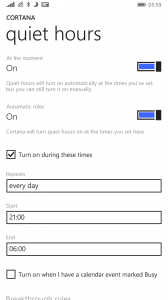 Cortana Quiet Hours