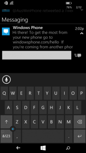 Replying to SMS in Action Center in Windows 10 for Phones