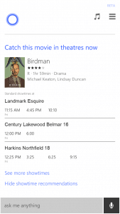 Movie Times in Cortana on Windows Phone