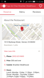 OpenTable for Android Resturant Profile Page
