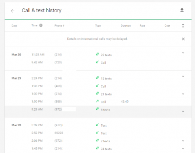 Project Fi Call & Text History