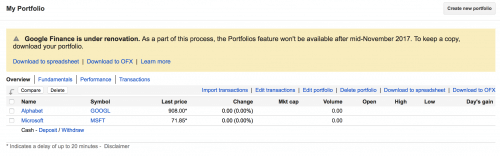 Portfolio banner warning on Google Finance