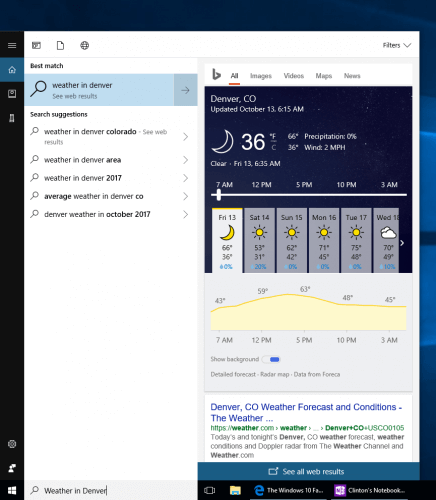 Cortana In-Windows Search Results