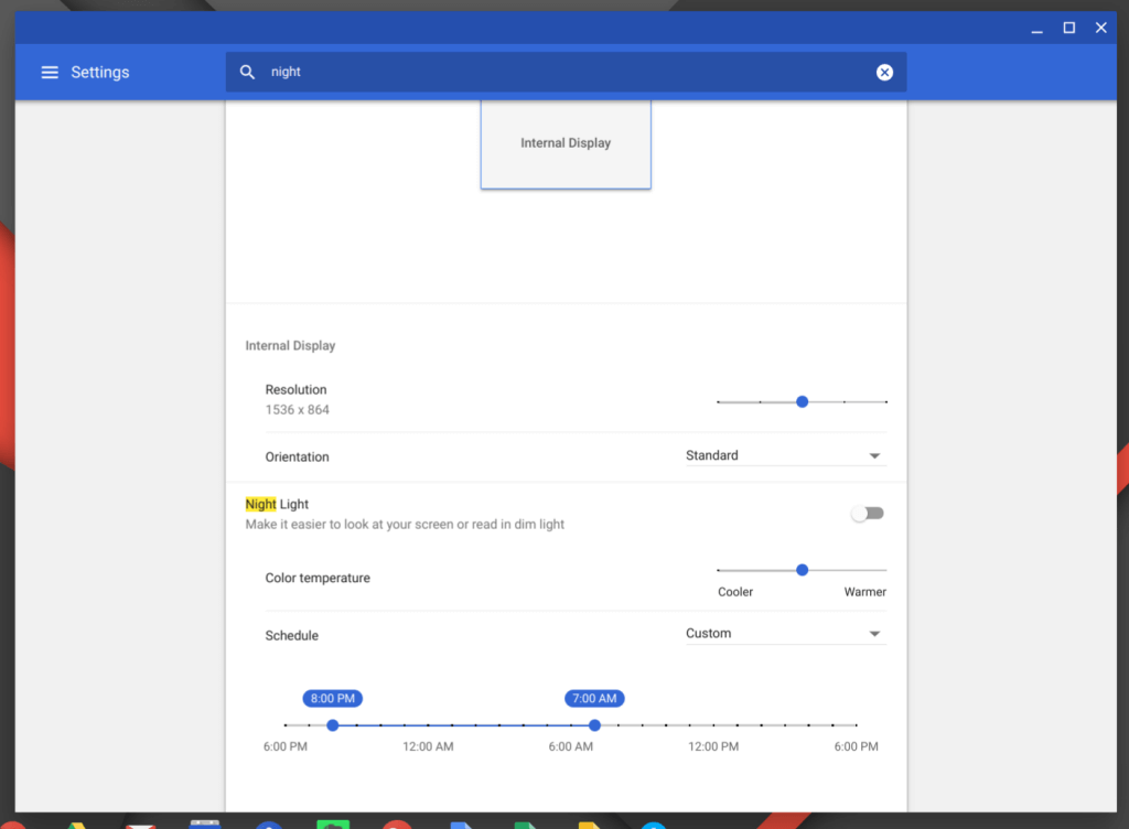 Night Light Settings in Chrome OS