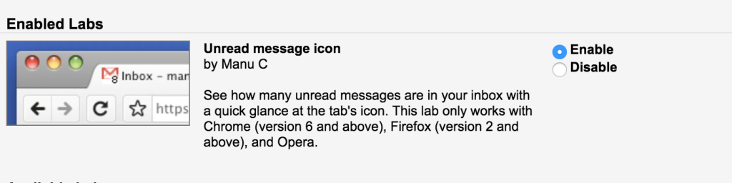 Enabled Unread Counter in Gmail Labs