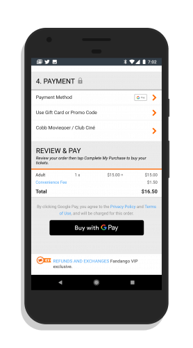 Fandango App Supporting Google Pay