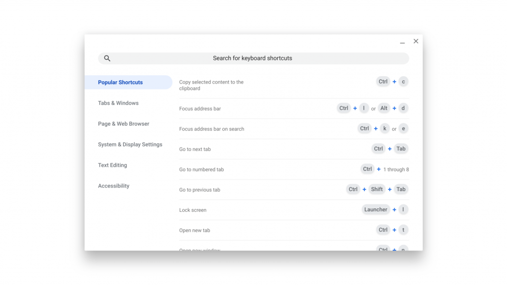 Chrome OS Canary Material Design Keyboard Shortcut Viewer