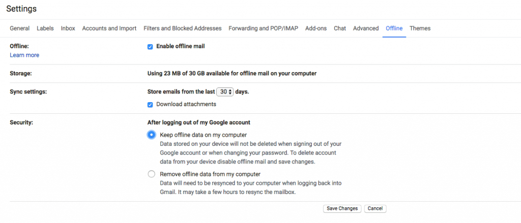 Gmail Offline Settings