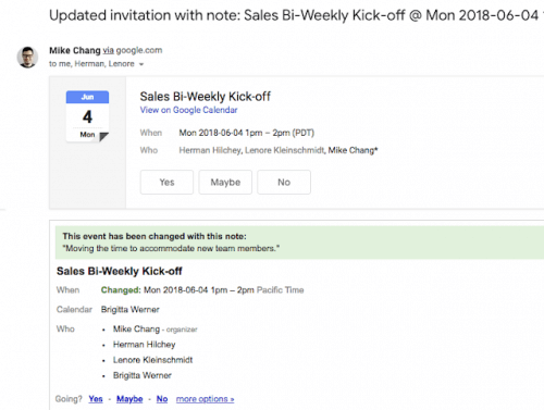 Google Calendar Updated Invite with Notes