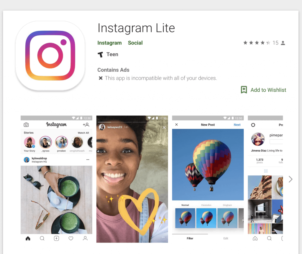 Instagram Lite in the Google Play Store