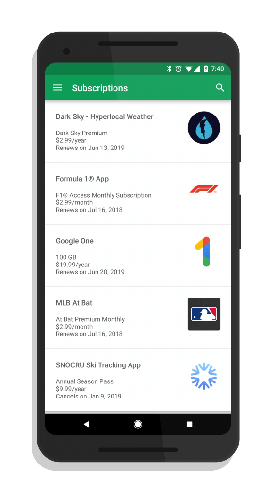 Subscriptions Page in The Google Play Store