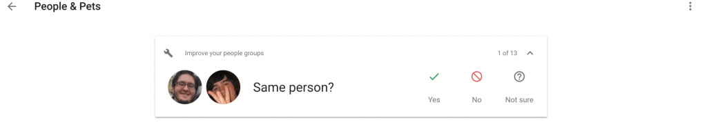 Facial Recognition Merging Suggestions in Google Photos Web