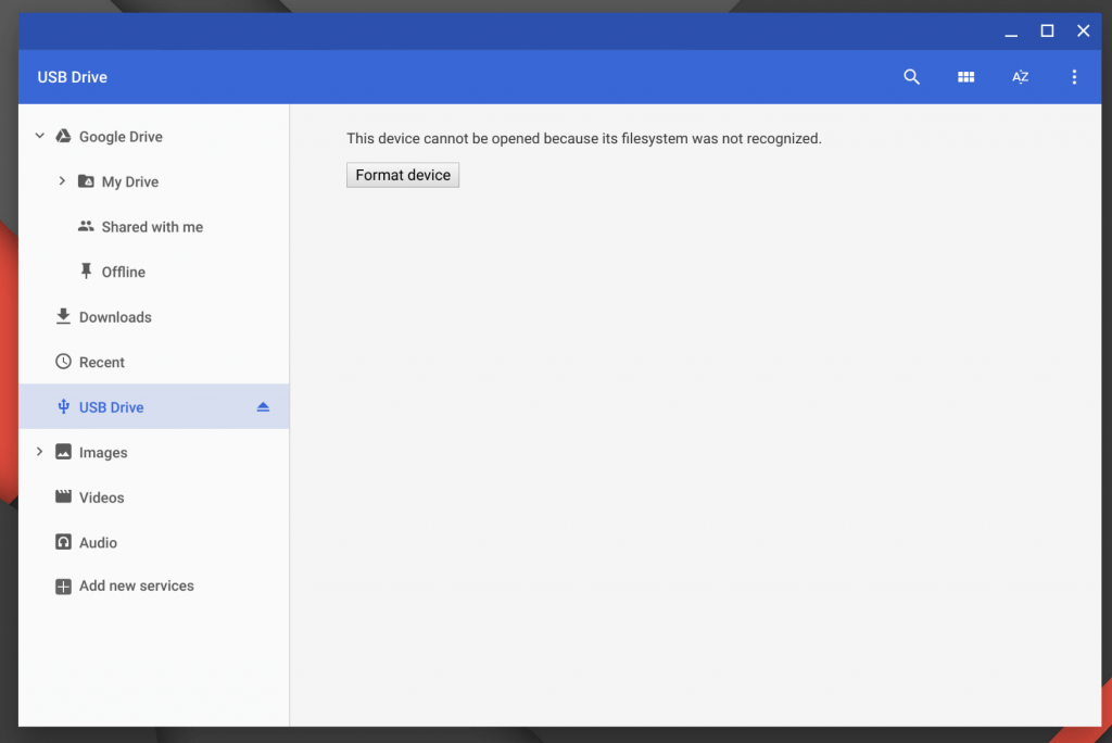 USB Drive Needs Formatting in Chrome OS Files App